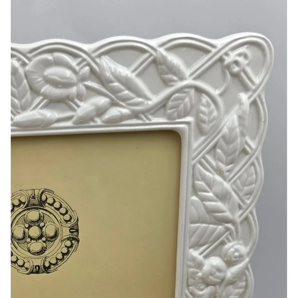 VTG Ivory Ceramic Floral Picture Frame 8x10 Embossed White Shabby Chic 13x11.5